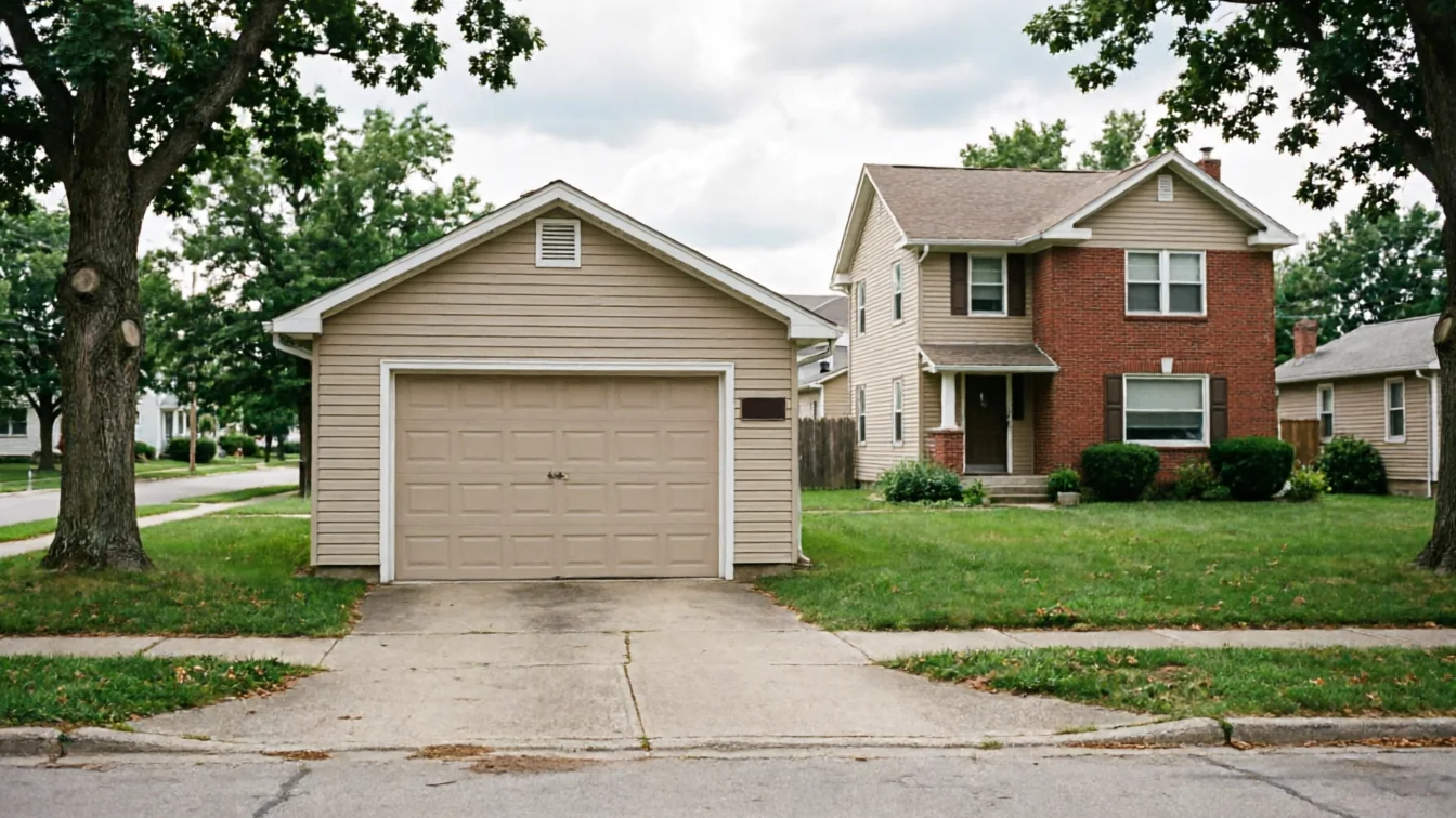 A tan garage with a closed tan garage door stands next to a brick house.