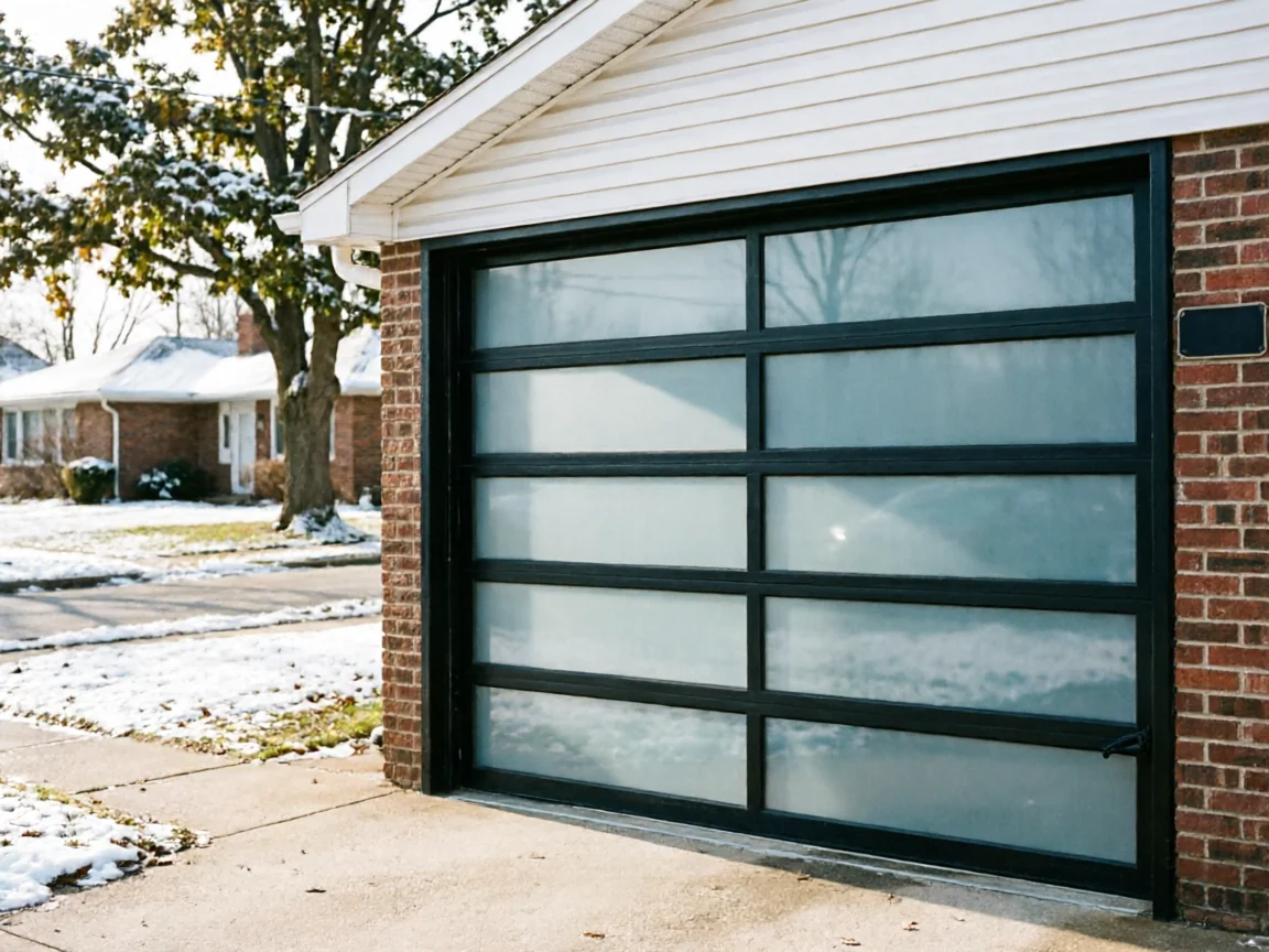 A modern black garage door with frosted glass panels on a brick house.