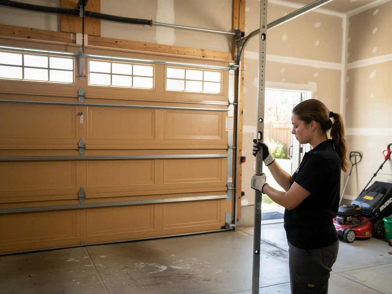 A technician in gloves holds a metal track next to a brown garage door.