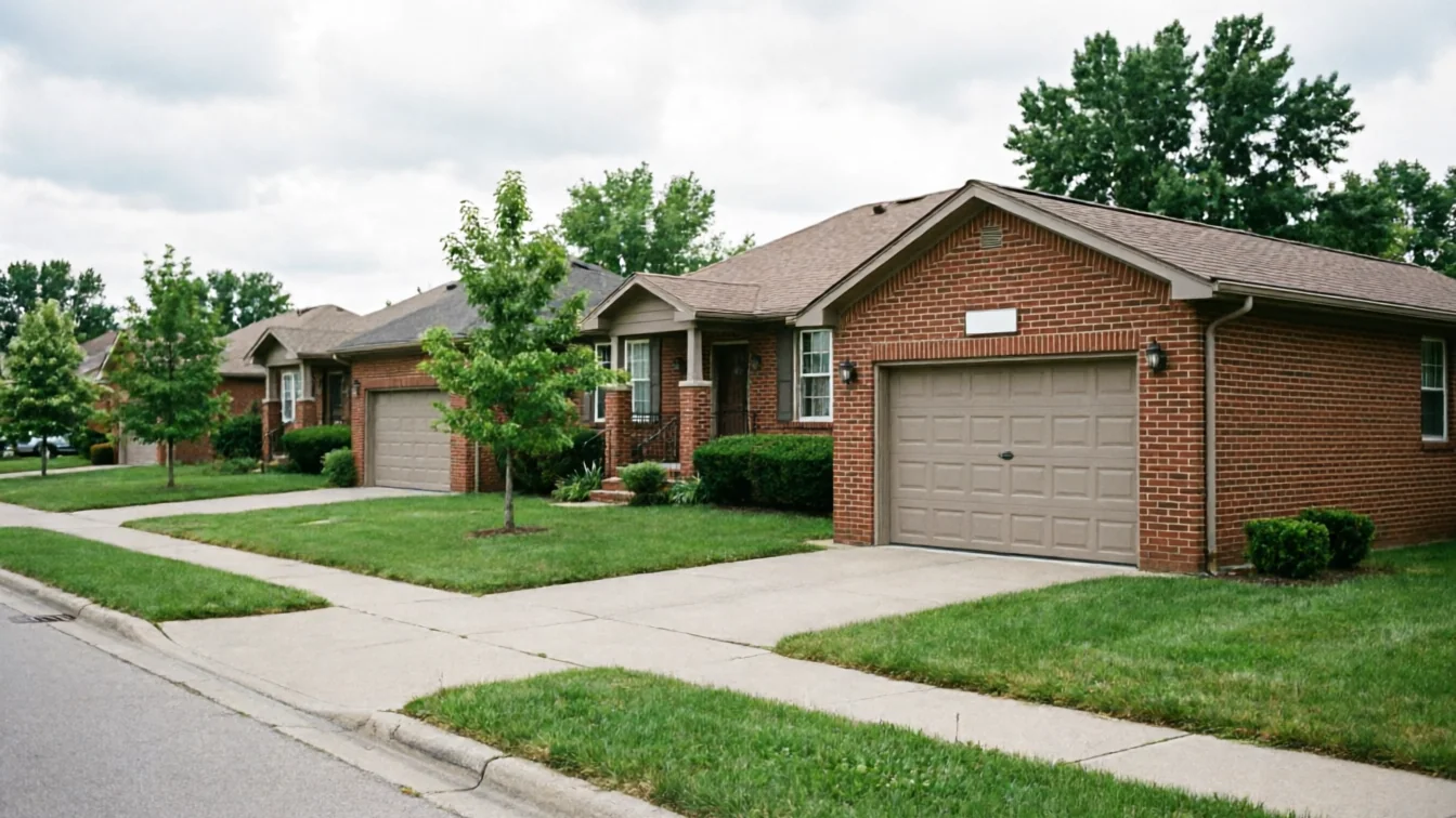 A row of brick houses with beige garage doors and green lawns.