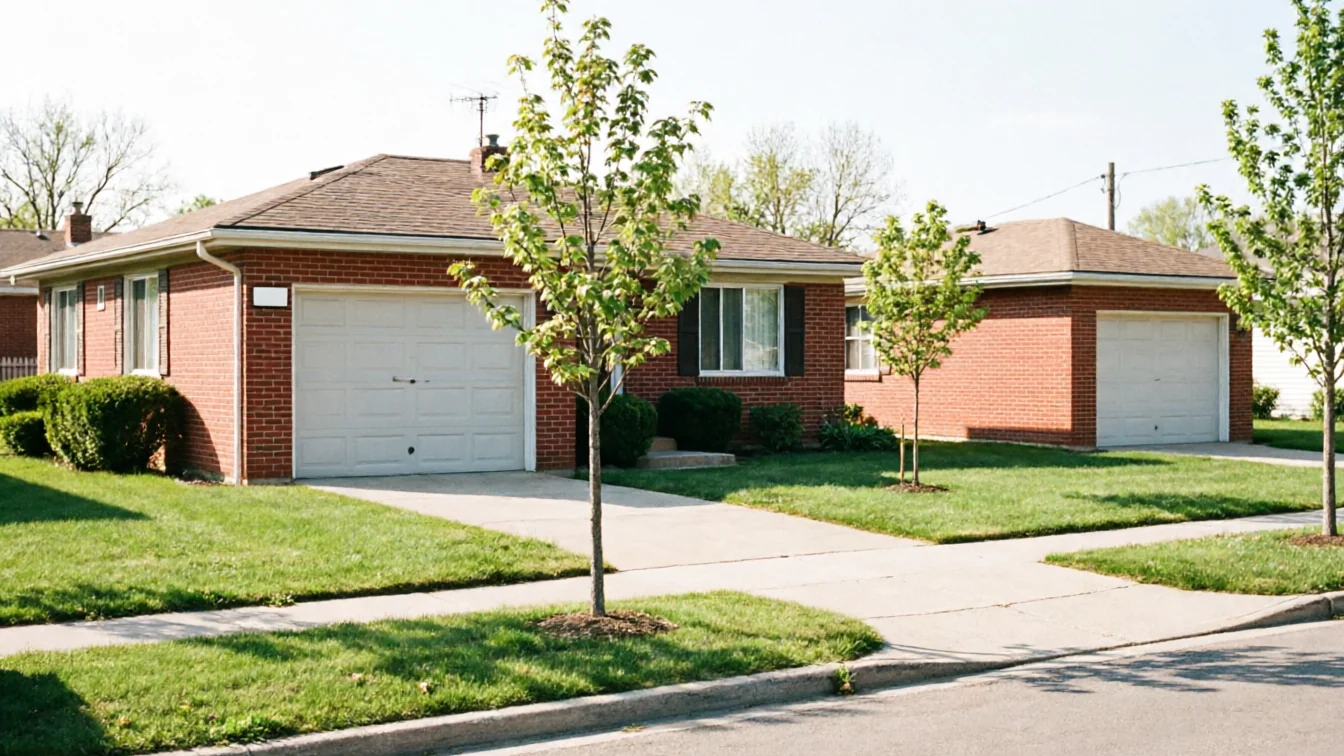 Two brick houses with white garage doors and green lawns are visible from the street.