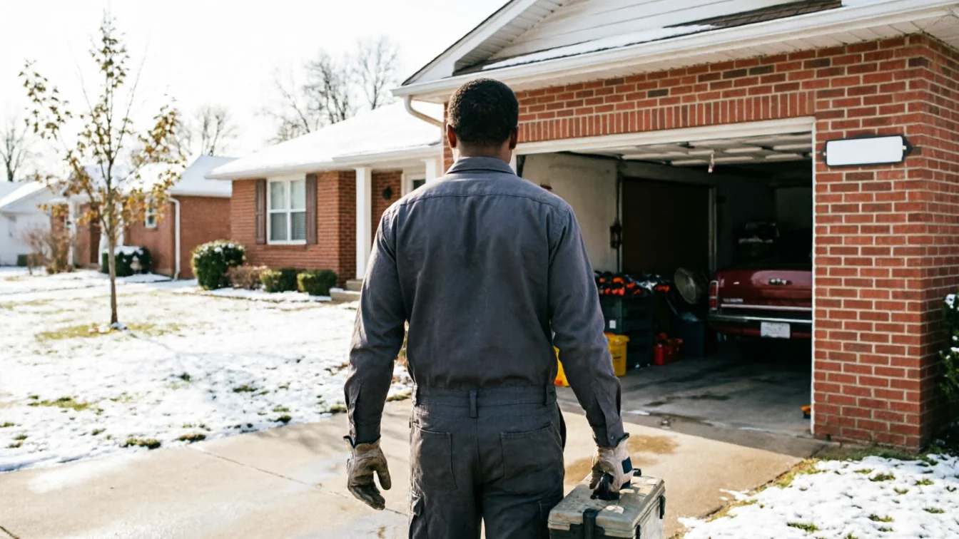 A technician carries a toolbox toward an open garage door of a brick house.