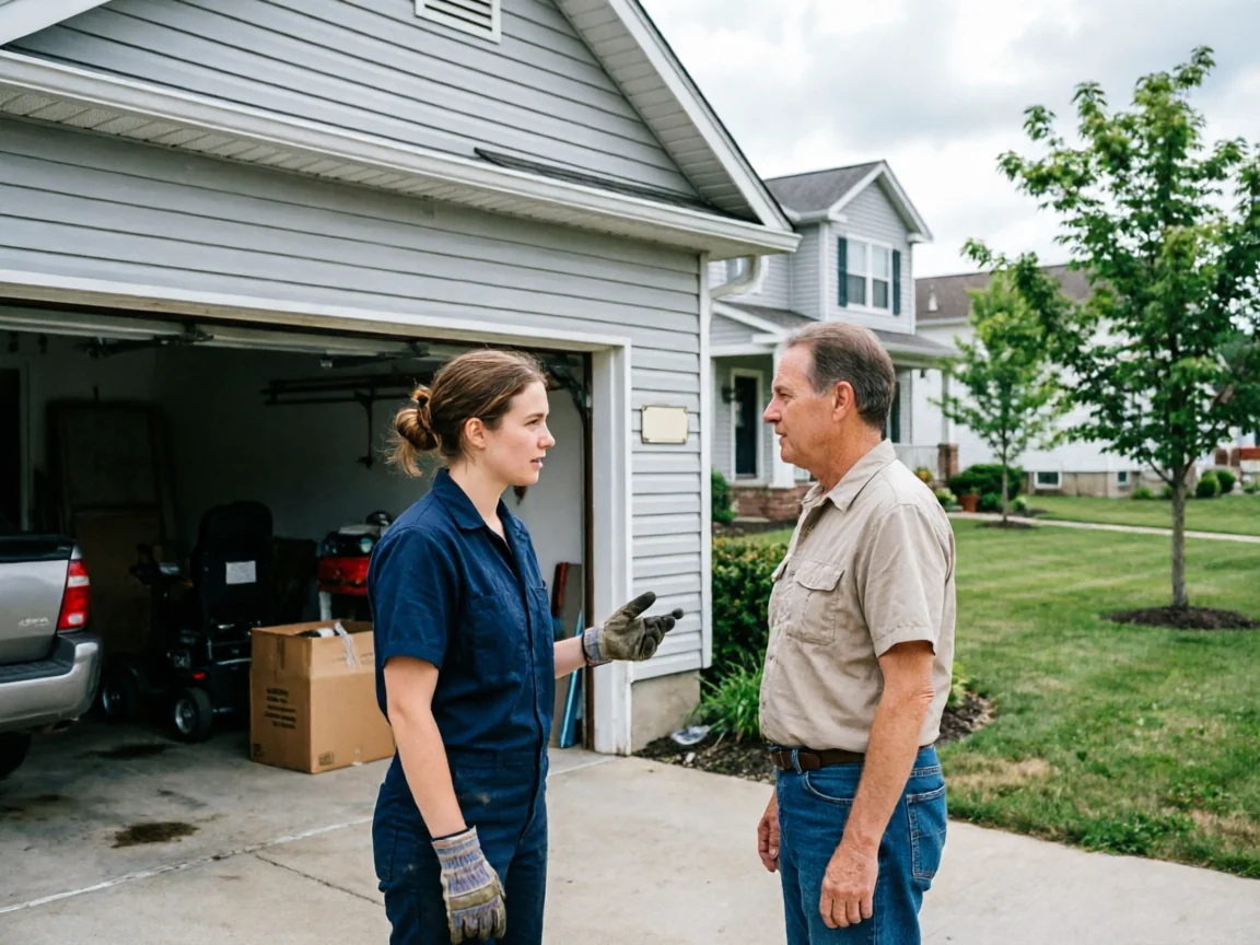 A technician in a blue uniform talks to a man in front of an open garage.