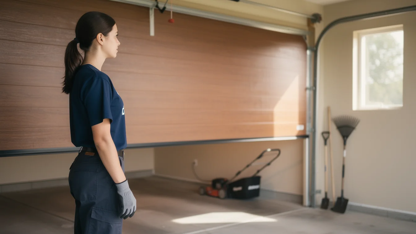 A technician stands in a garage with a partially open wooden garage door.