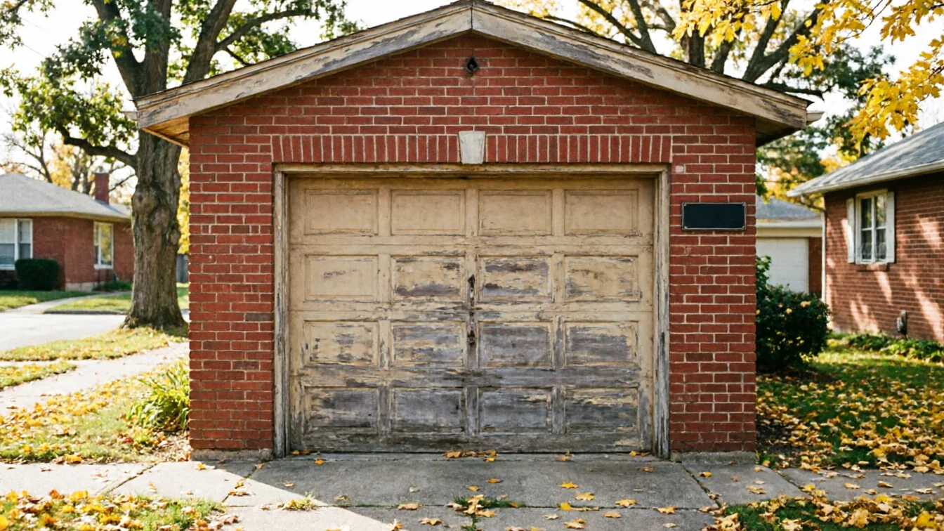 A weathered garage door on a red brick garage with fallen leaves on the ground.