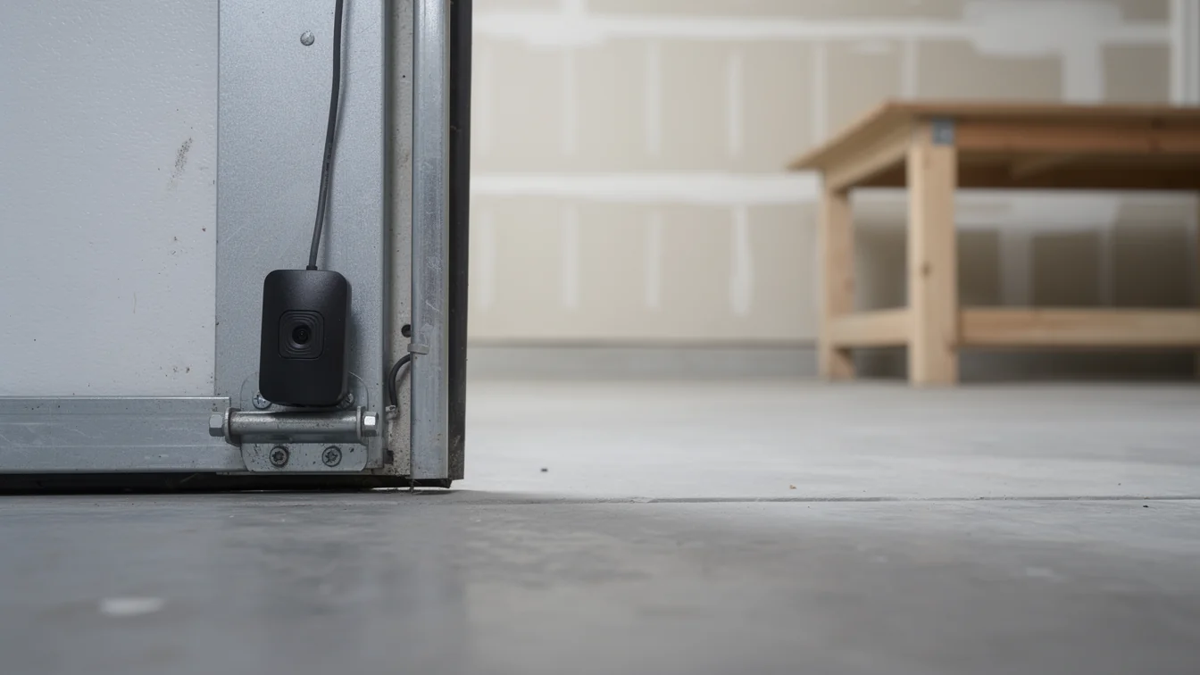 A black sensor is mounted on the bottom of a garage door.