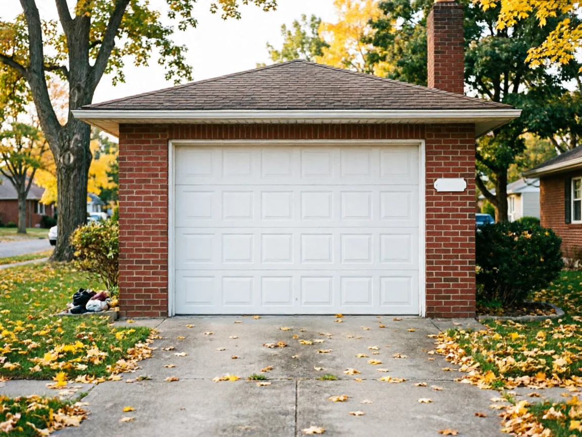 A white paneled garage door is on a red brick garage with a brown roof.