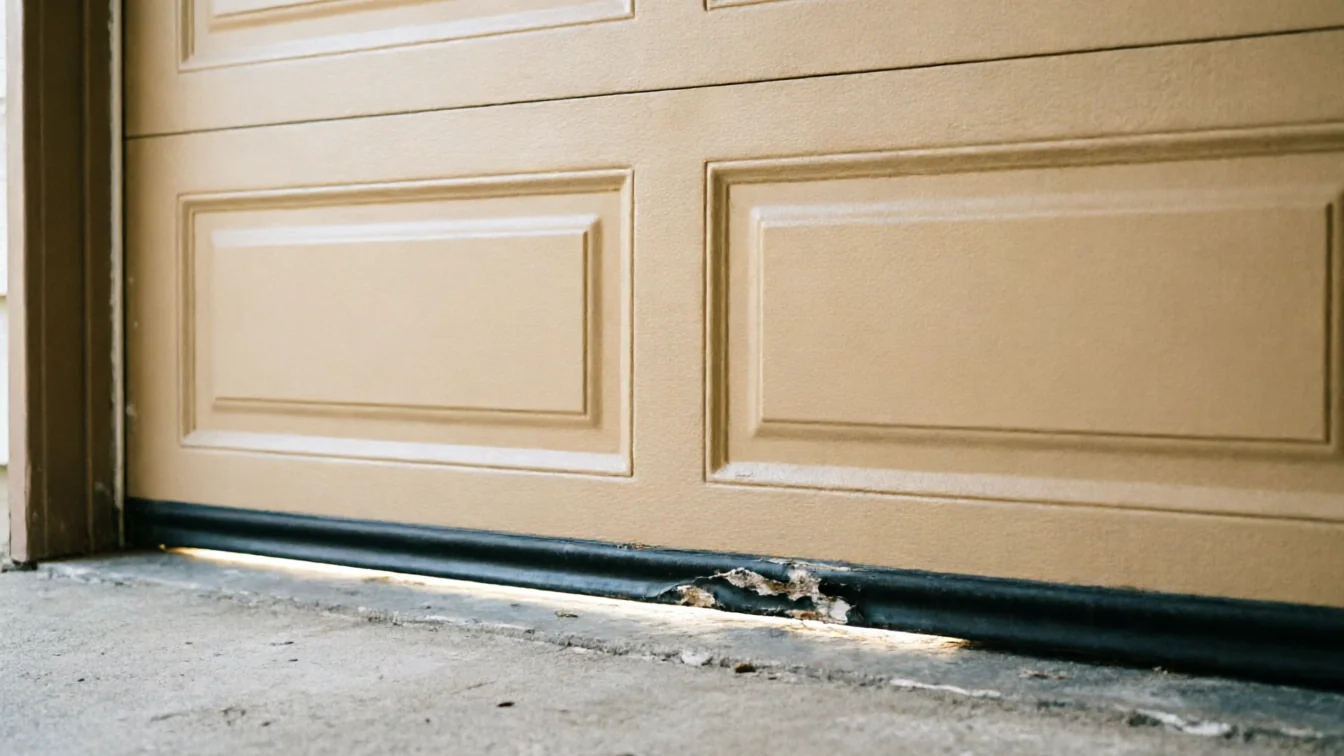 The bottom of a tan garage door has a damaged weather seal.