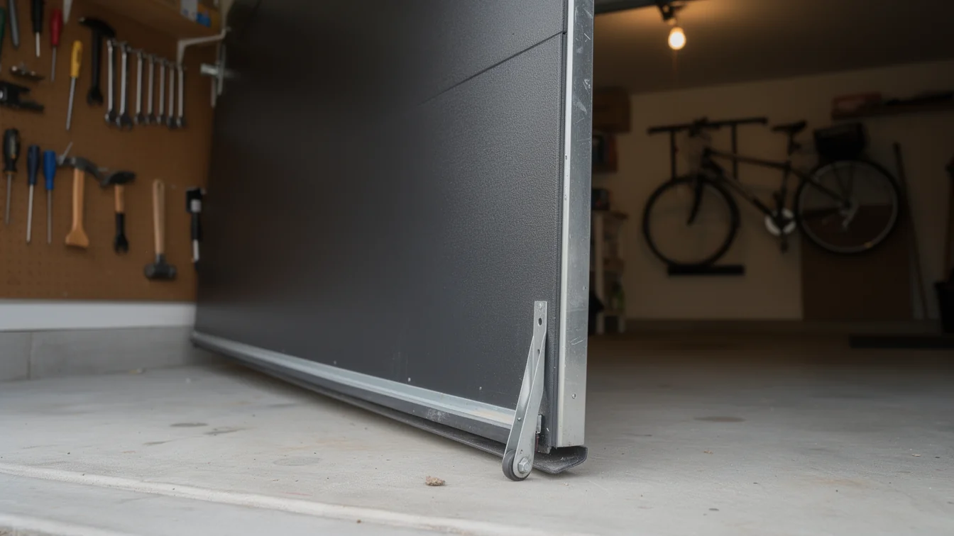 A dark gray garage door is partially open, showing its bottom roller and track.