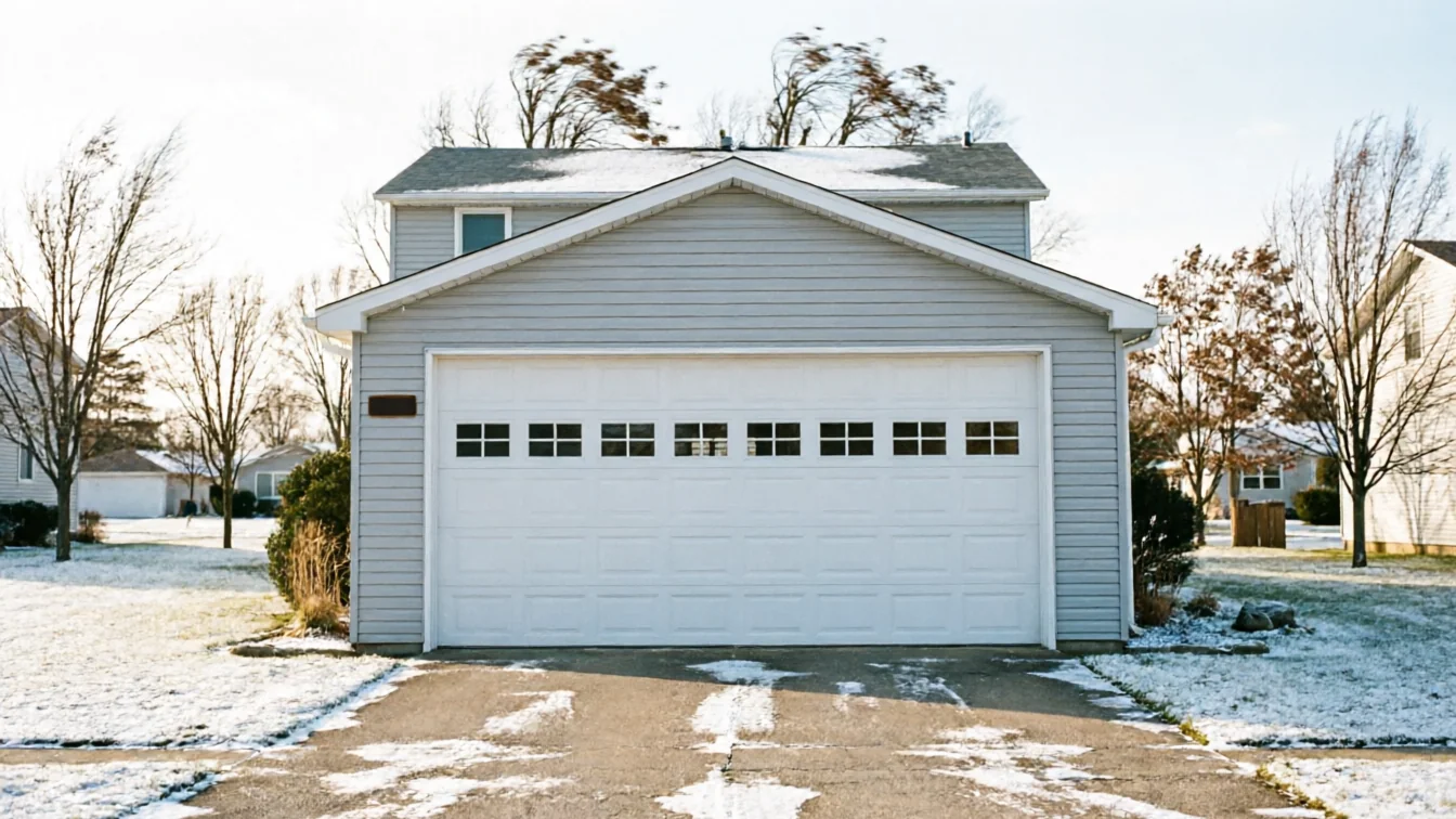 A white garage door with windows on a light gray house in winter.